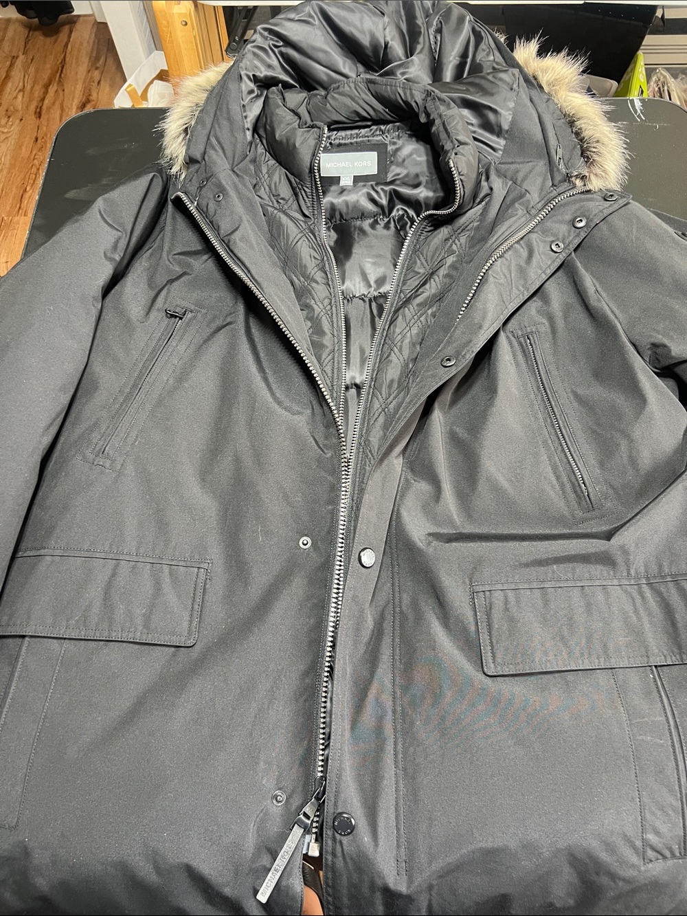 Michael Kors Men's Black Hooded Puffer Parka with Faux-Fur Trim